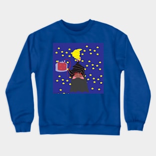 vampire bat clinging to a moon horn drinks from the blood bag Crewneck Sweatshirt